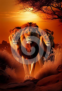 Pride of lions at sunset in the savannah. AI generated.