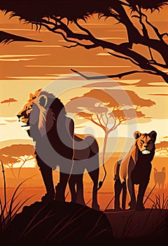 Pride of lions at sunset in the savannah. AI generated.