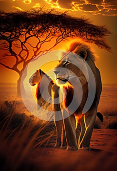 Pride of lions at sunset in the savannah. AI generated.