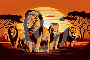 Pride of lions at sunset in the savannah. AI generated.