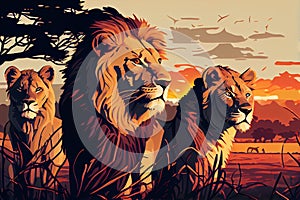 Pride of lions at sunset in the savannah. AI generated.