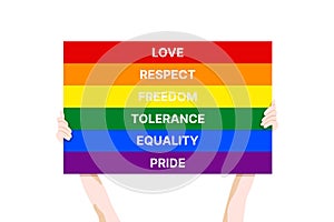 Pride Month 2020 vector banner template with the LGBT person holding multicolored poster as a symbol of LGBT community.