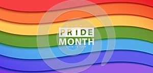 Pride Month background in wave paper style. Rainbow background.