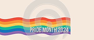 Pride Month banner with Pride Flag. LGBTQ Rainbow flag with Pride Month text. Love is Love 2024