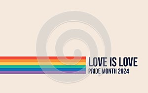 Pride Month banner with Pride Flag. LGBTQ Rainbow flag with Pride Month text. Love is Love 2024