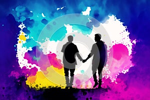 Pride Month. A colorful illustration of two men holding hands. Gay couple spending time together. Lgbtq. Generative AI