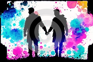 Pride Month. A colorful illustration of two men holding hands. Gay couple spending time together. Lgbtq. Generative AI