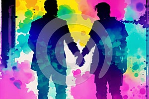 Pride Month. A colorful illustration of two men holding hands. Gay couple spending time together. Lgbtq. Generative AI