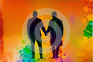 Pride Month. A colorful illustration of two men holding hands. Gay couple spending time together. Lgbtq. Generative AI