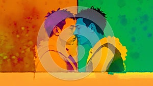 Pride Month. An illustration of two men kissing. Gay couple spending time together. Lgbtq. Generative AI
