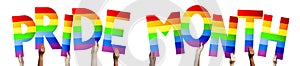 Pride month, LGBT banner - human hands holding colorful letters