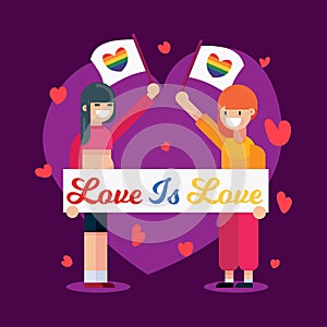 Pride month, love is love two Couple girls women people holding rainbow heart flags celebration placards banner poster design