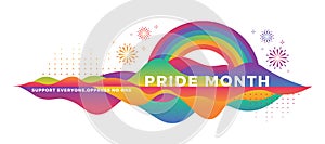 Pride month support everyone oppress no one text in abstract colorful curve mountain with rainbow and firework around vector