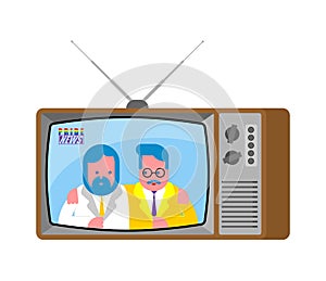 Pride news old television. LGBT TV. Two Guys broadcasting journalist. Gay Anchorman in tv studio. Live broadcasting.