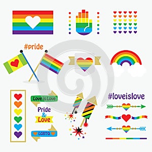 Pride rainbow flags, icons, emblems, dividers, and design elements set on white