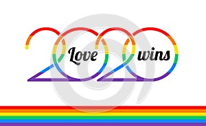 Pride 2020 rainbow logo, rainbow flag, Love wins text on white background - vector Pride illustration