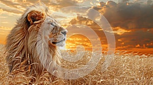 A pride of regal lions laze amidst the golden grass, their majestic forms bathed in the warm sunlight