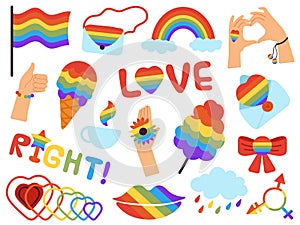 Pride stickers. Lgbt badges, lgbtq gays parade. Rainbow colours logos, romantic love different elements, flag. Gay