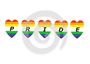 Pride text in hearts isolated on white background photo