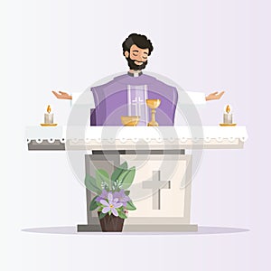 Priest behind the altar with purple chasuble celebrating the eucharist