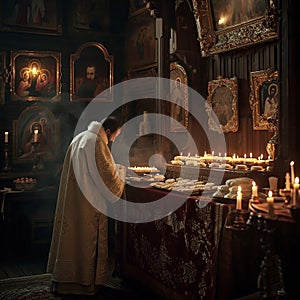 A priest in elegant clothes consecrates Easter cakes and food in a solemn atmosphere of the church