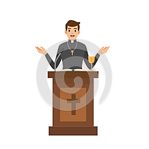 Priest giving speech from tribune.Catholic preacher character isolated on white background.