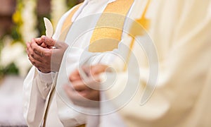 Priest` hands during a wedding ceremony/nuptial mass