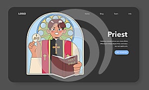 Priest in liturgical vestments holding the Eucharist and Bible. Flat vector illustration