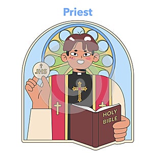 Priest in liturgical vestments holding the Eucharist and Bible. Flat vector illustration