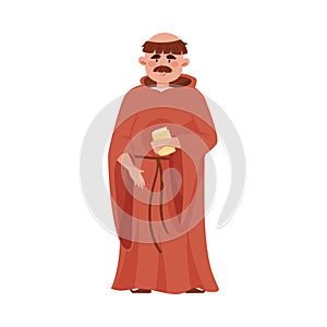 Priest or Monk Wearing Brown Hooded Gown Vector Illustration.