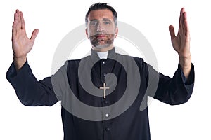 Priest open arms blessing praying God