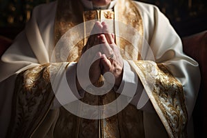 Priest praying in catholic church.