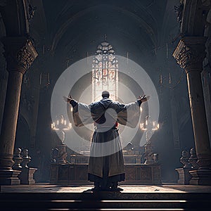 A priest is praying in the church created by generative AI