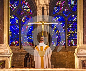 Priest Praying Crucifix Stained Glass Saint Severin Church Paris France