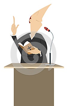 Priest Preaching at Podium. In God We Trust