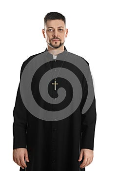 Priest wearing cassock with clerical collar on white background photo