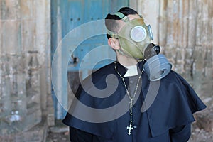 Priest wearing a gas mask
