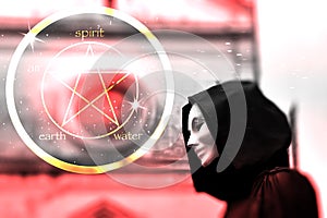 Priest of white magic, sorcerer with magical mask occult Masonic Lodge and Pentagram icon