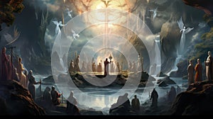 Priest in white standing on an island in a cave with angels in the sky and believers around created with Generative AI