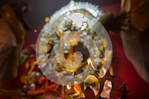 Priest worshipping Goddess Durga, Durga Puja festival celebration