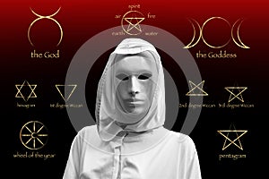 Priestess of red magic, sorcerers with magical mask occult Masonic Lodge. Golden Set of Witches runes, wiccan divination symbols.