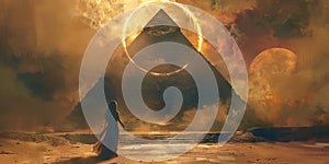 The priestess stands next to the pyramid