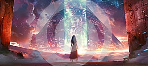 The priestess stands next to the pyramid