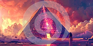 The priestess stands next to the pyramid