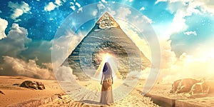 The priestess stands next to the pyramid