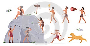Primal tribe people standing with cave, painting, caveman running away from tiger set