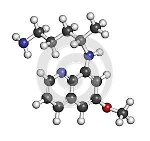 Primaquine malaria drug molecule. Atoms are represented as spheres with conventional color coding: hydrogen (white), carbon (grey
