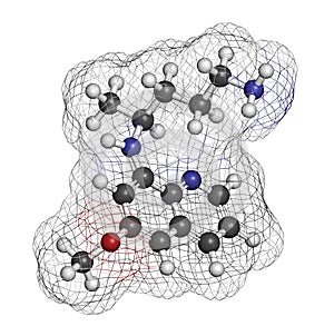 Primaquine malaria drug molecule. Atoms are represented as spheres with conventional color coding: hydrogen (white), carbon (grey