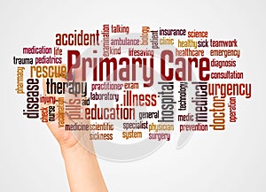 Primary care word cloud and hand with marker concept