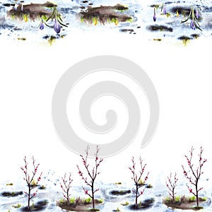 Primary flowers blossoming spring trees melting snow seamless frame Watercolor landscape clipart